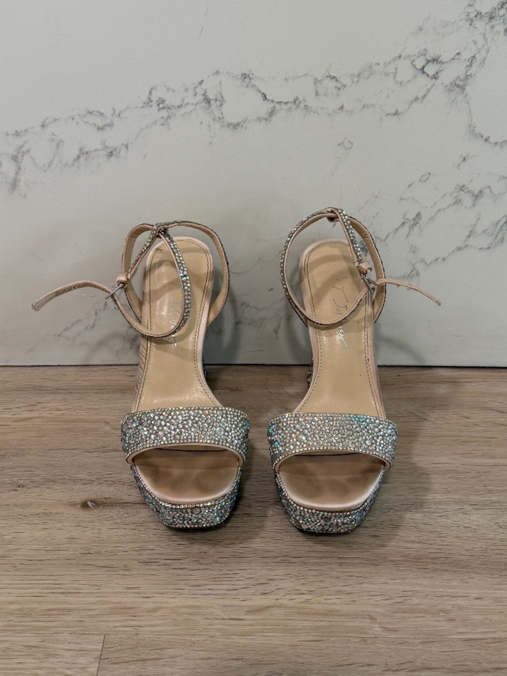 Betsey Johnson Crystal Rhinestone Platform Heel Sandal | Size 38 | Nude/Silver